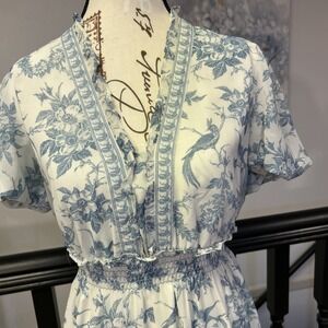 Max Studio Women's Georgette Smocked Maxi Dress Blue White Toile Ruffled Neck Sm